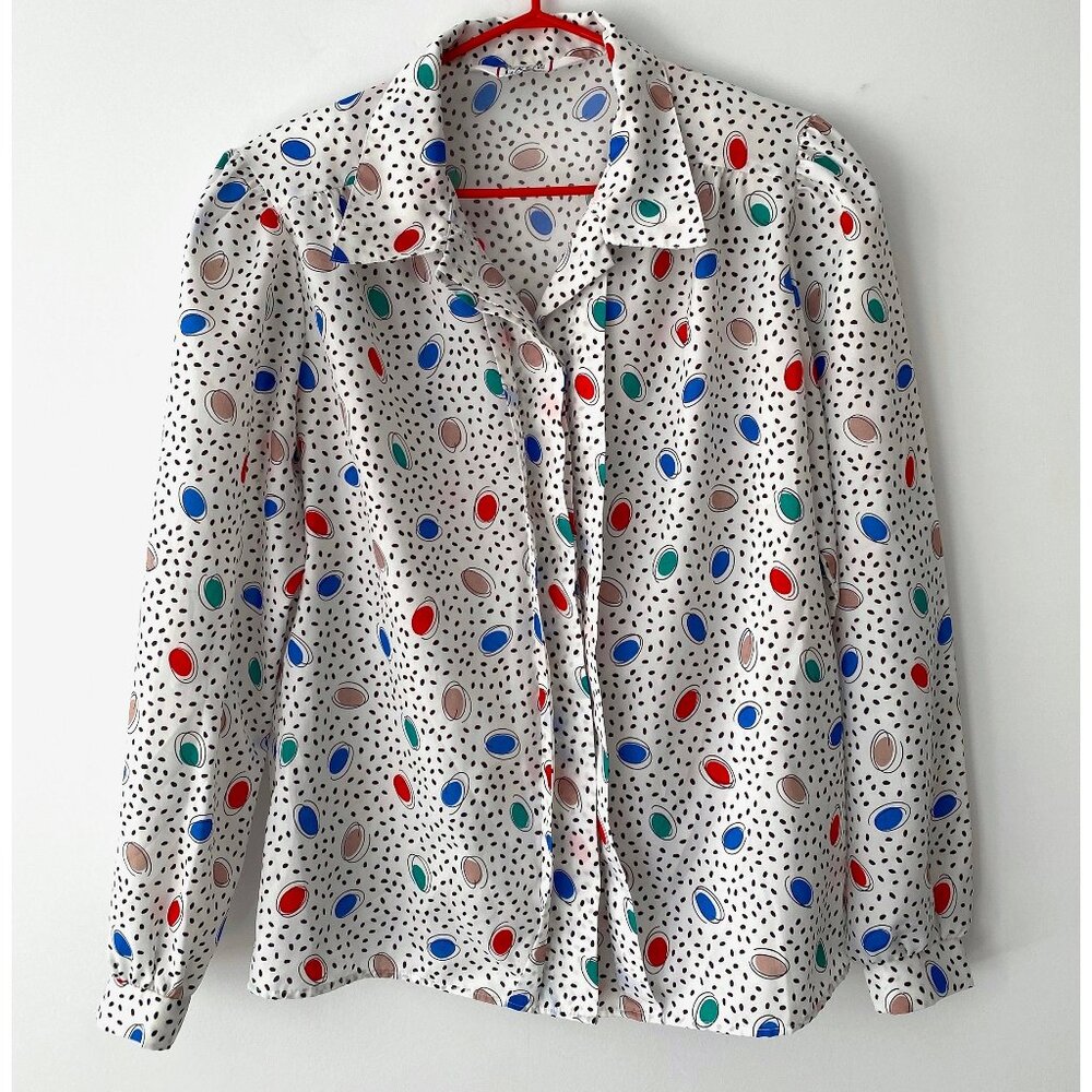 80s vintage colorful retro polka dot print pleated silky button up blouse shirt